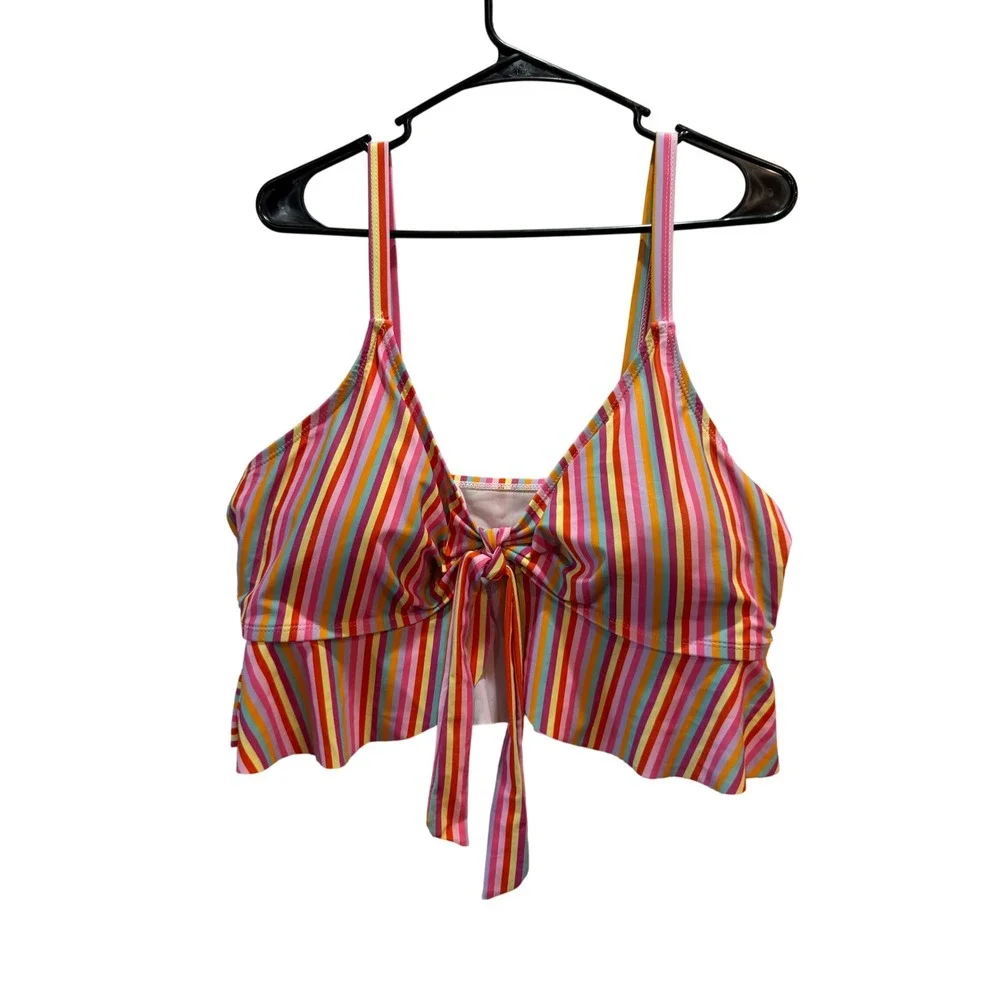 Multicolor Rainbow Striped Tie Front Peplum Bikini Top Plus Size 4XL